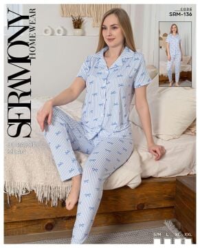 Seramony 136 (S-M-L-XL-XXL) Soft Milan Kısa Kollu Düğmeli Bayan Pijama Takım 4'lü