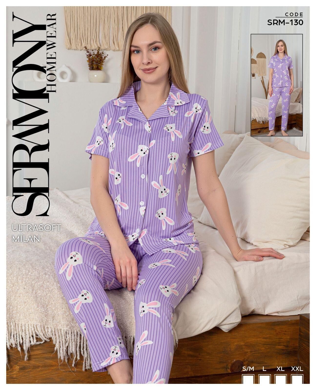 Seramony 130 (S-M-L-XL-XXL) Soft Milan Kısa Kollu Düğmeli Bayan Pijama Takım 4'lü