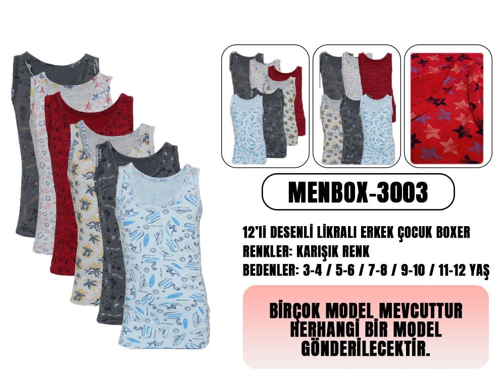 Menbox 3003 Desenli Erkek Çocuk Atlet 12'li