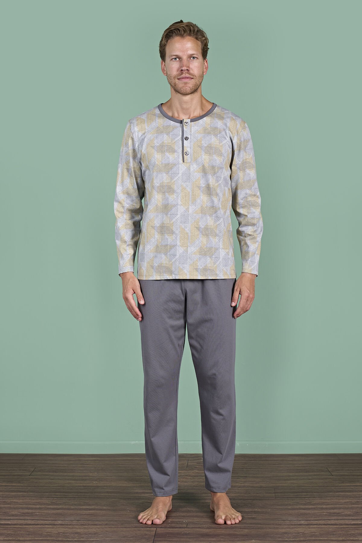 Pijadore 1957 (M-L-XL-XXL) Uzun Kollu Erkek Pijama Takım 4'lü FÜME - M-L-XL-XXL