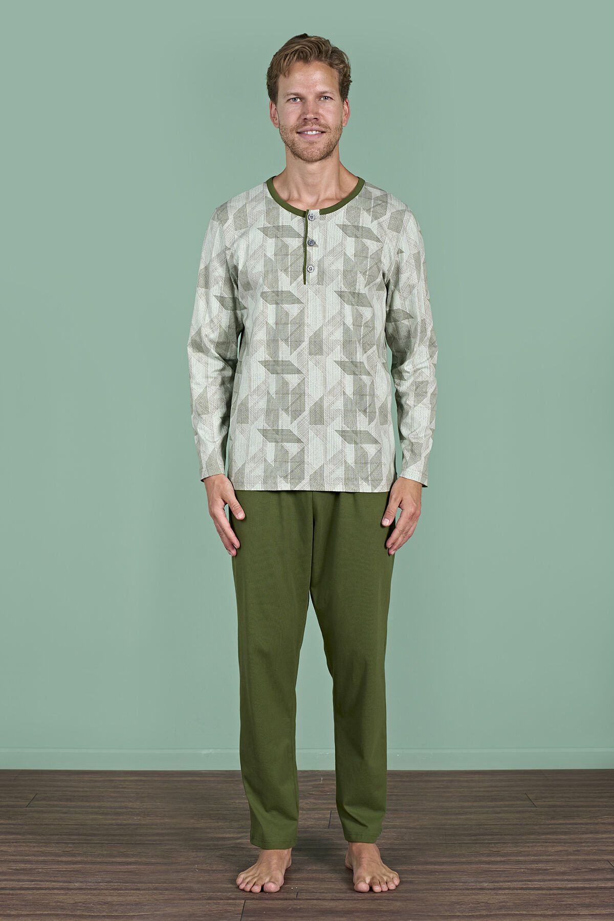 Pijadore 1957 (M-L-XL-XXL) Uzun Kollu Erkek Pijama Takım 4'lü YEŞİL - M-L-XL-XXL