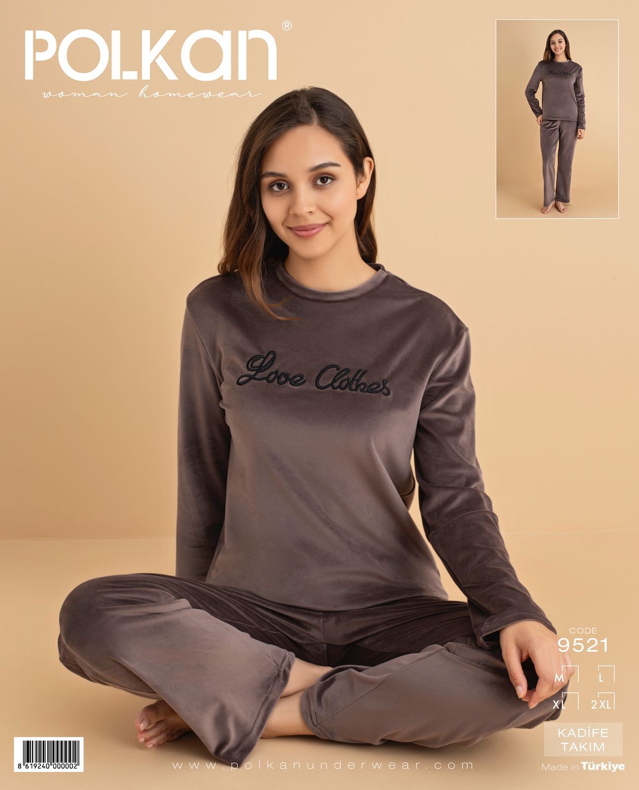 Polkan 9521 (M-L-XL-XXL) Kadife Uzun Kollu Bayan Pijama Takım 4'lü