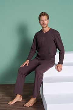 Pijadore 1932 (2XL-3XL-4XL-5XL) Battal Beden Uzun Kollu Erkek Pijama Takım 4'lü KAHVE - SERİ-4-LÜ