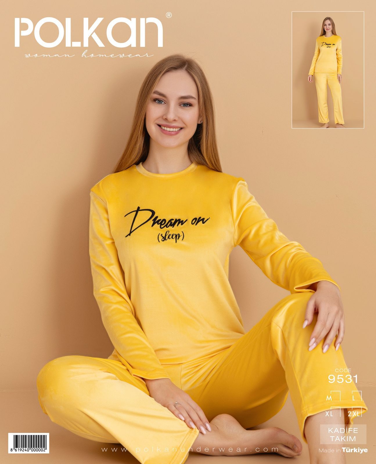Polkan 9531 (M-L-XL-XXL) Kadife Uzun Kollu Bayan Pijama Takım 4'lü