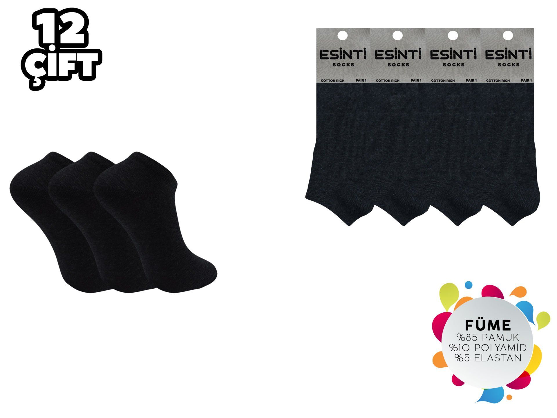 Esinti Düz Füme Bayan Penye Patik 12'li