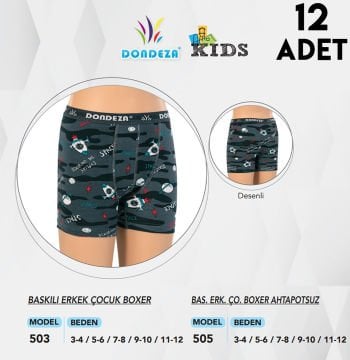 Dondeza 505 Erkek Çocuk Desenli Boxer 12'li