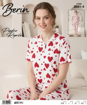 Berin 2041-4 (M-L-XL-XXL) Bayan Kısa Kollu Raporlu Pijama Takımı 6'lı