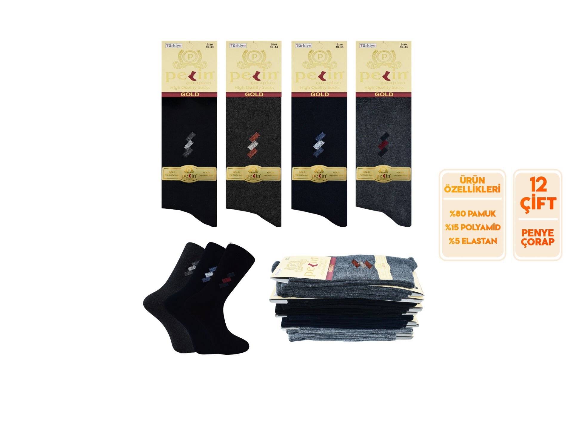 Pelin 1-32 (40-44) Erkek Penye Likralı Çorap 12'li
