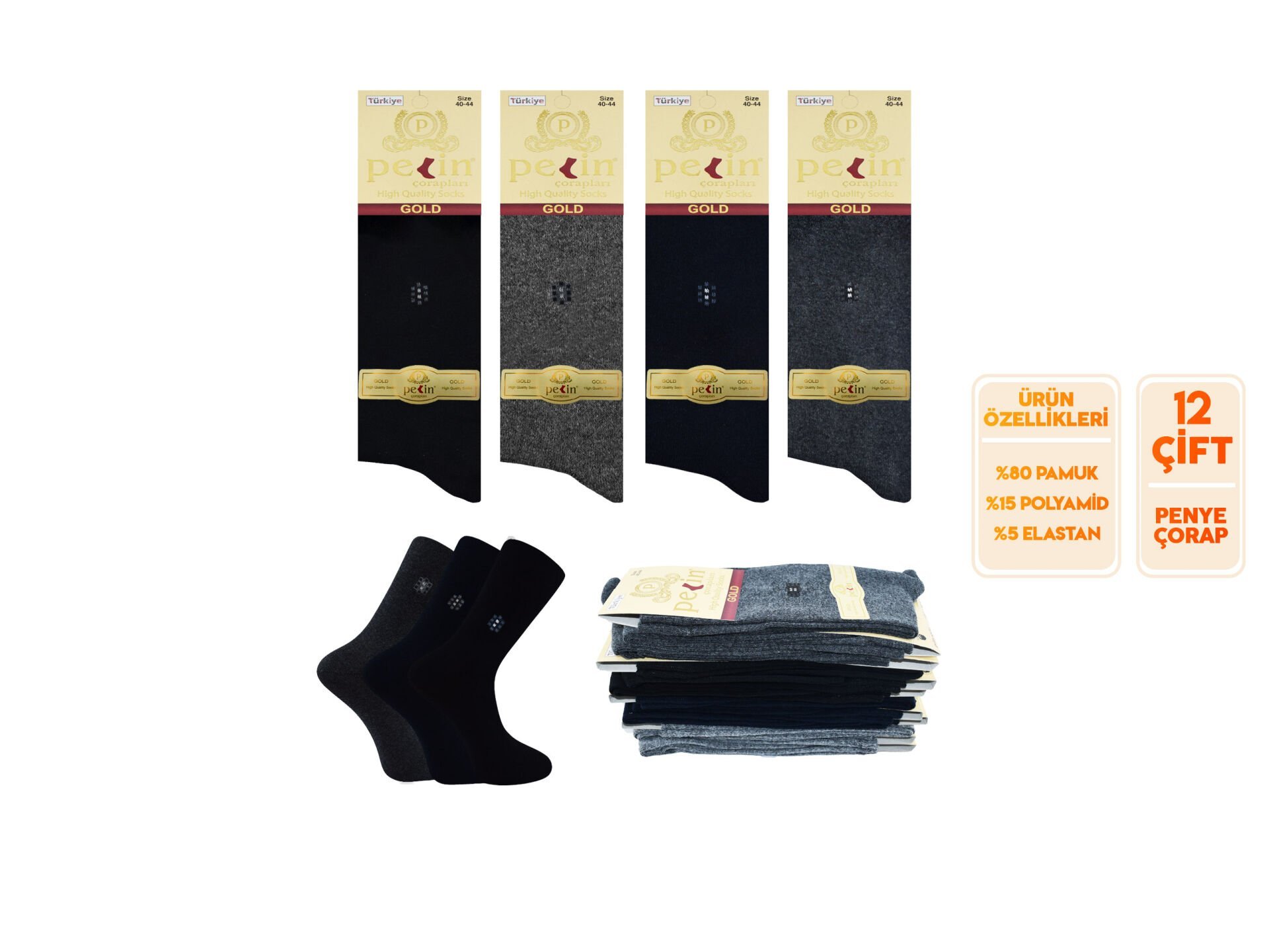 Pelin 1-34 (40-44) Erkek Penye Likralı Çorap 12'li