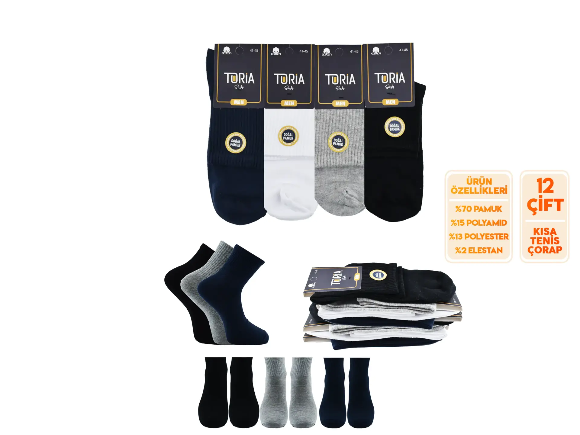 Toria E12 (41-45) Doğal Pamuk Erkek Kısa Tenis Çorap 12'li