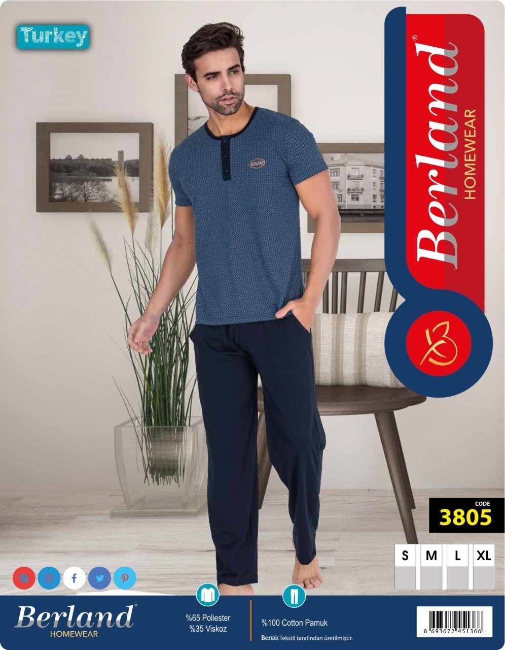 Berland 3805 Erkek Modal Kısa Kol Pijama Takımı