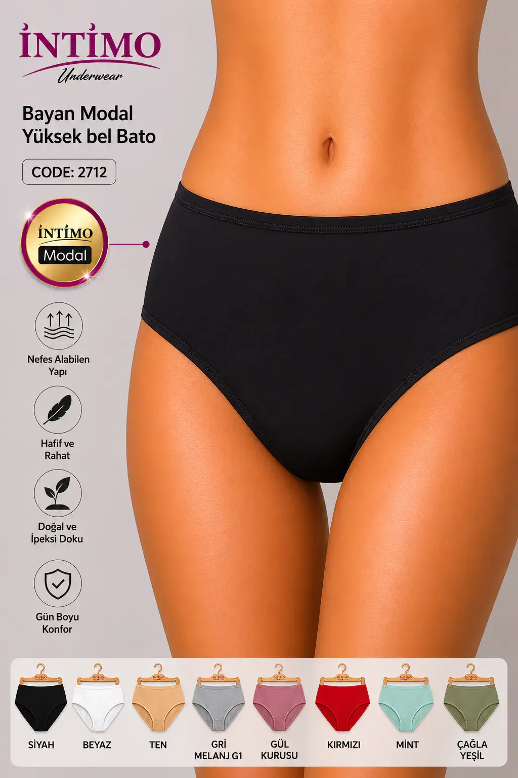 İntimo 2712 (M-L-XL) Modal Yüksel Bel Bayan Bato 12'li