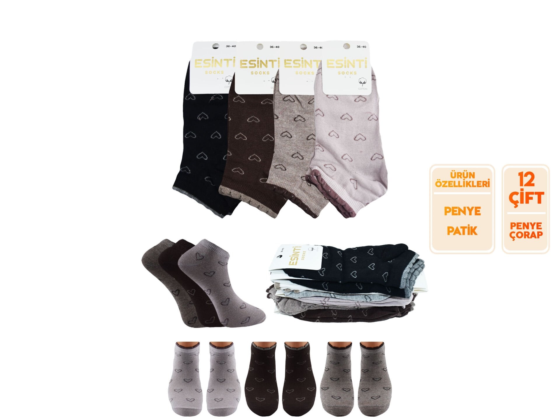 Esinti 33-5 (36-40) Naturel Pamuk Bayan Patik Çorap 12'li