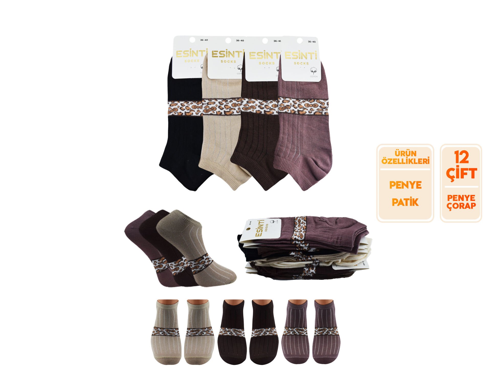 Esinti 33-11 (36-40) Naturel Pamuk Bayan Patik Çorap 12'li