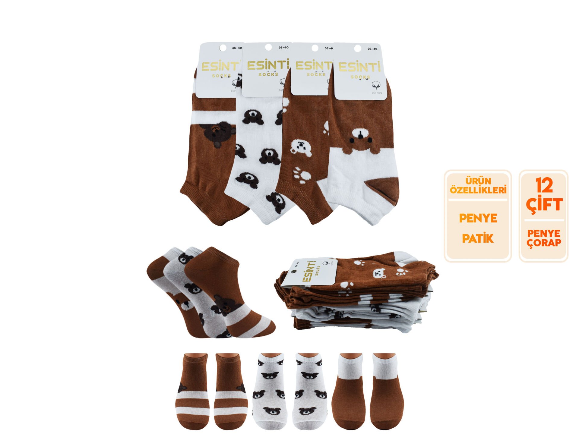 Esinti 33-4 (36-40) Naturel Pamuk Bayan Patik Çorap 12'li