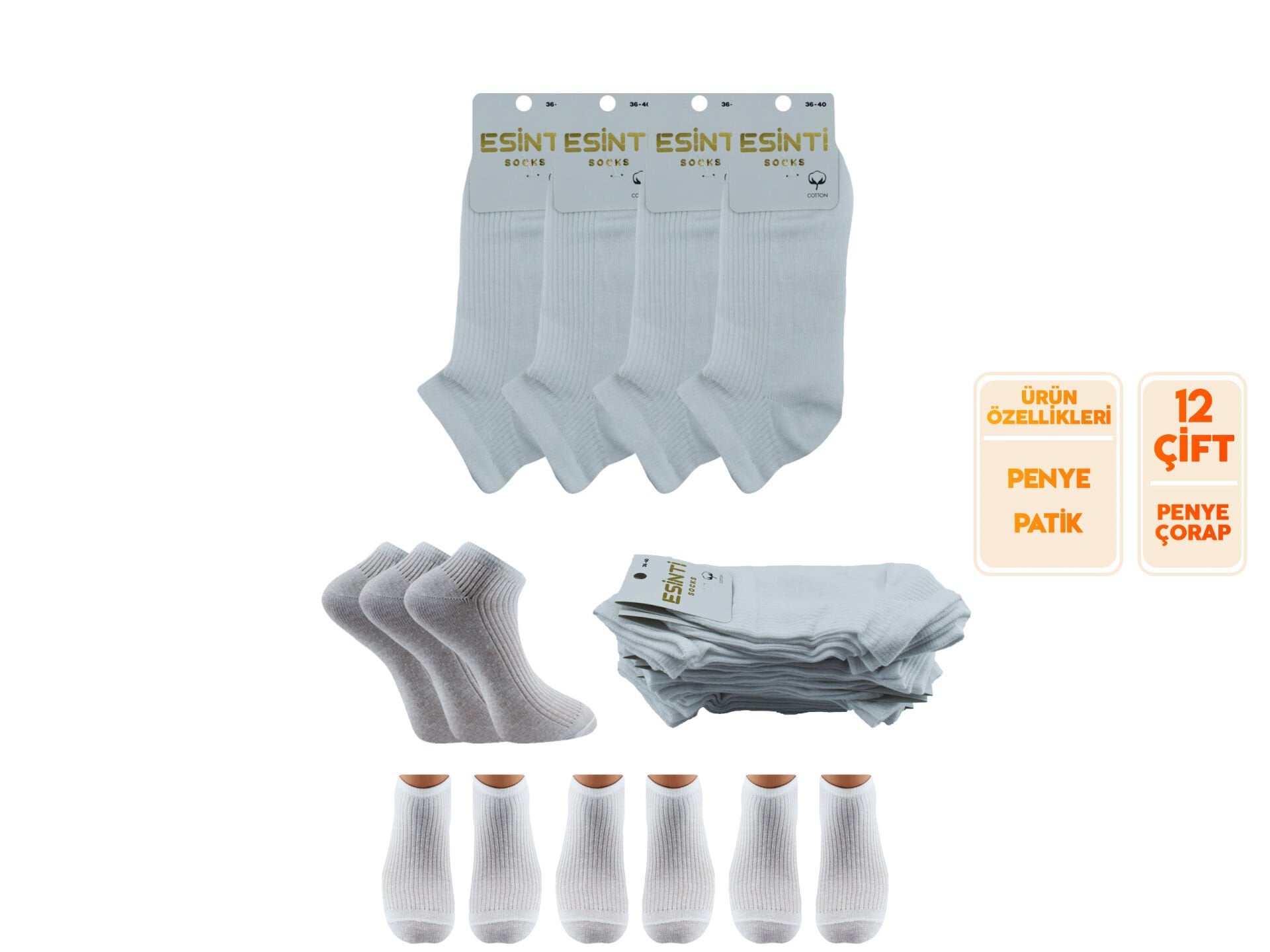Esinti 33-BEYAZ (36-40) Naturel Pamuk Bayan Patik Çorap 12'li