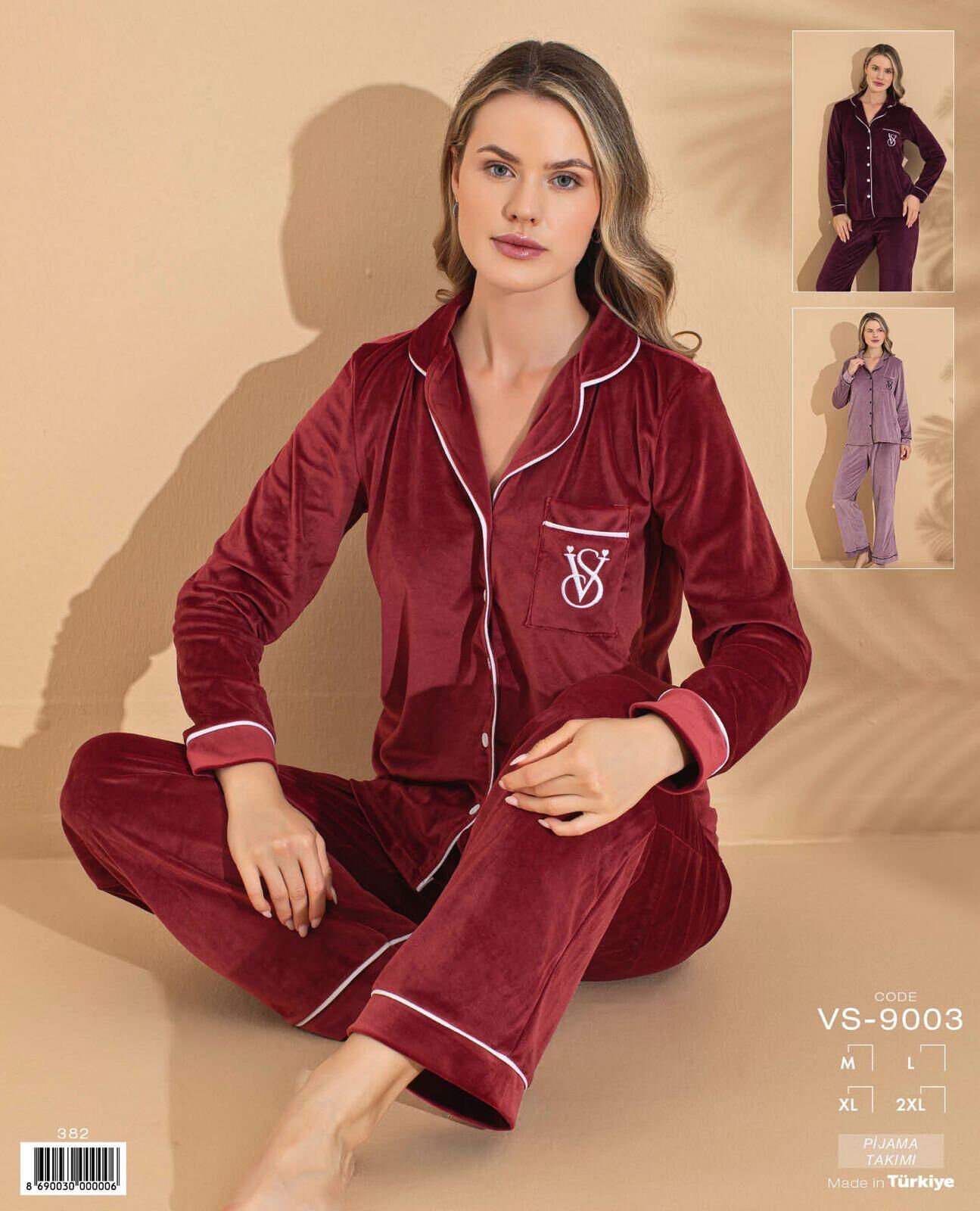 Polkan 9003 (M-L-XL-XXL) Kadife Uzun Kollu Boydan Düğmeli Bayan Pijama Takım 4'lü