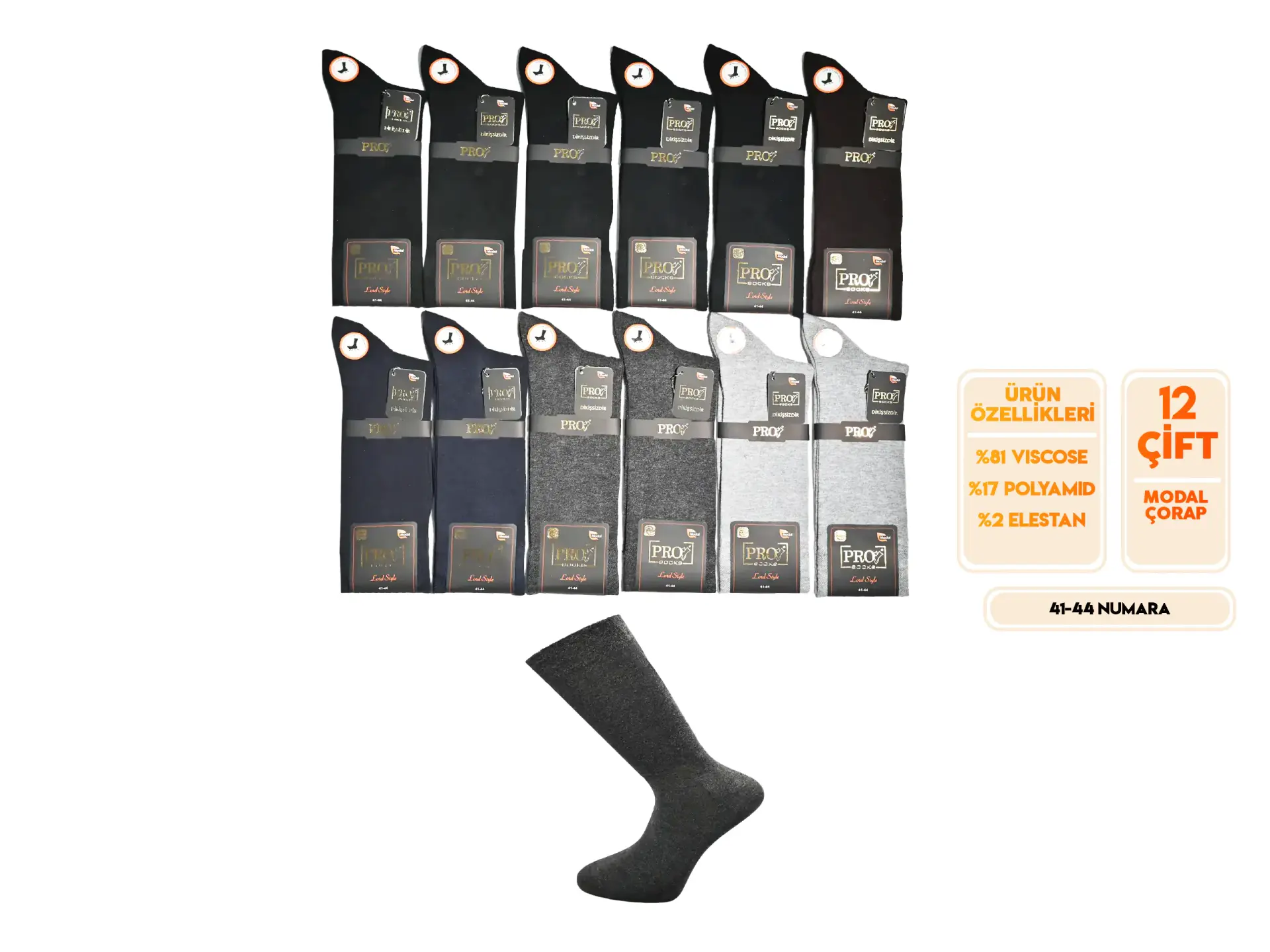 Pro 18601 (41-44) Dikişsiz Modal  Erkek Çorap 12'li