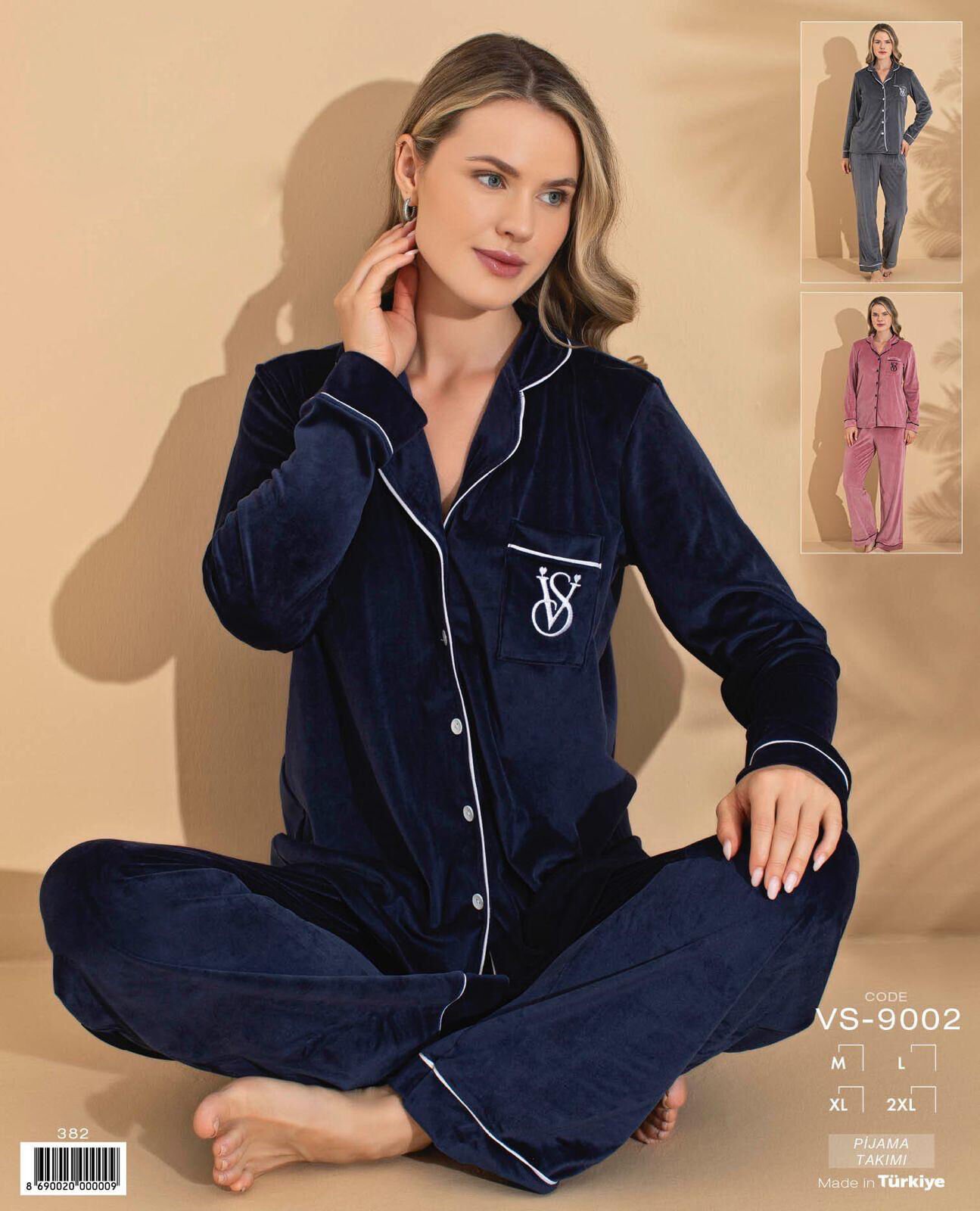 Polkan 9002 (M-L-XL-XXL) Kadife Uzun Kollu Boydan Düğmeli Bayan Pijama Takım 4'lü