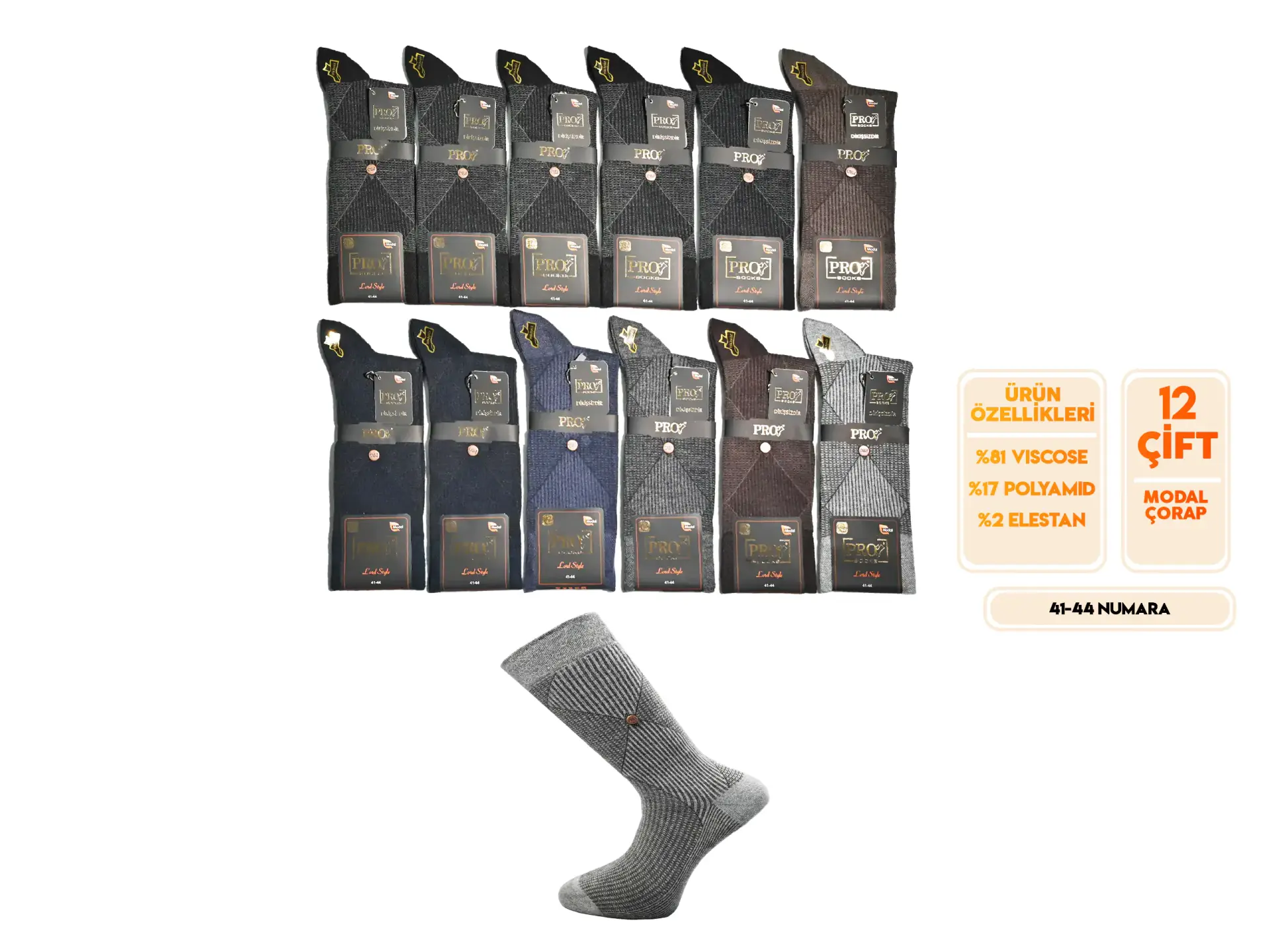Pro 18651 (41-44) Dikişsiz Modal Erkek Çorap 12'li