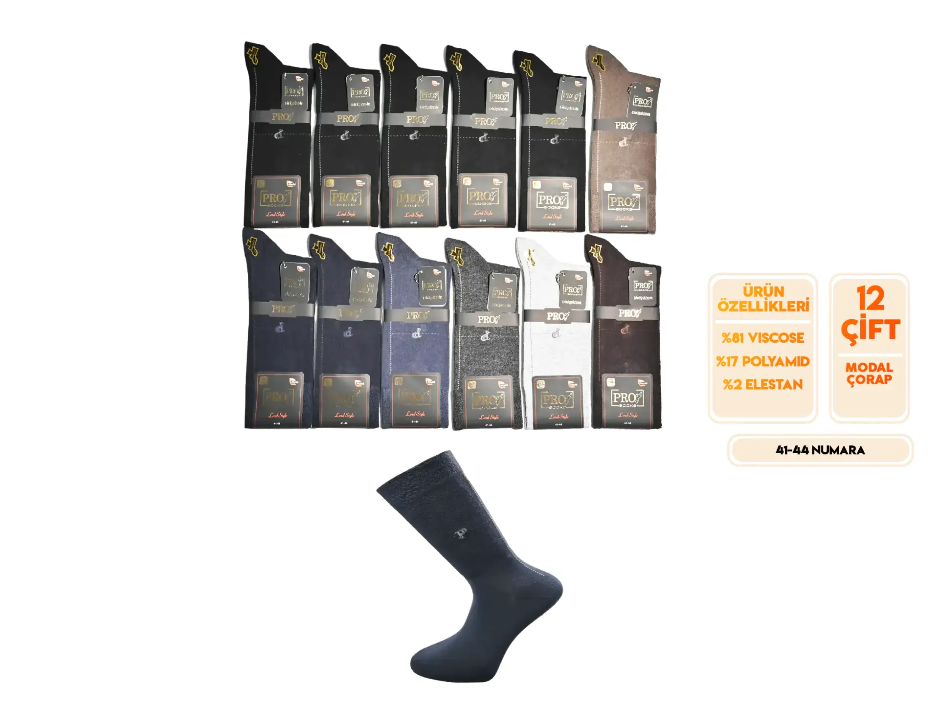 Pro 18653 (41-44) Dikişsiz Modal Erkek Çorap 12'li