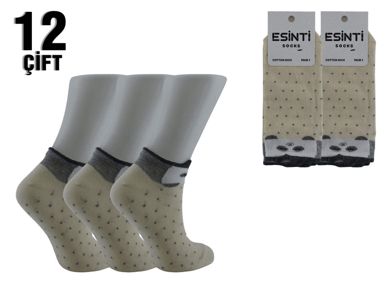 Esinti Puanlı Panda 3 Boyutlu Bayan Patik 12'li