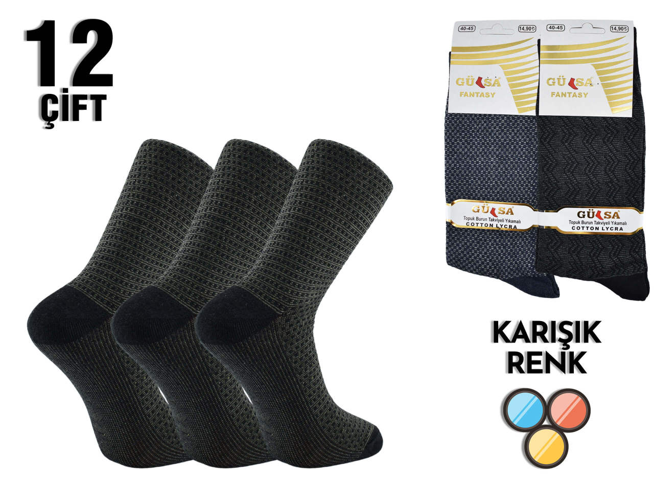 Gülsa Jakarlı Kabartma Desen Penye Erkek Likralı Çorap 12'li