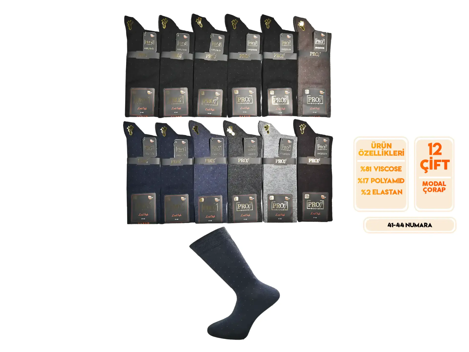 Pro 18660 (41-44) Dikişsiz Modal Erkek Çorap 12'li