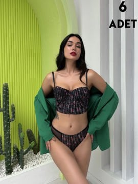 Cansoy 682 Siyah Simli Balenli Destekli Bustiyer Sütyen Takım 6'lı