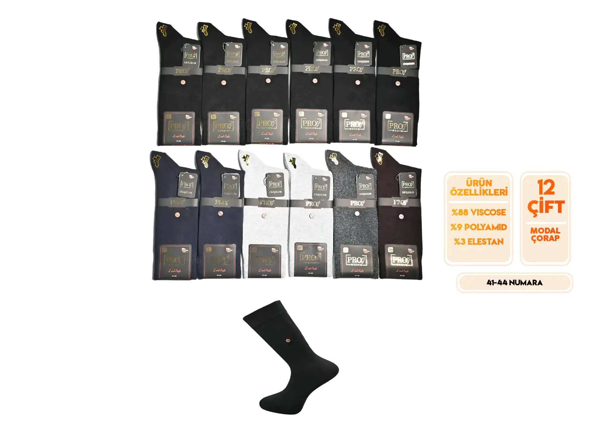 Pro 18646 (41-44) Dikişsiz Modal Erkek Çorap 12'li