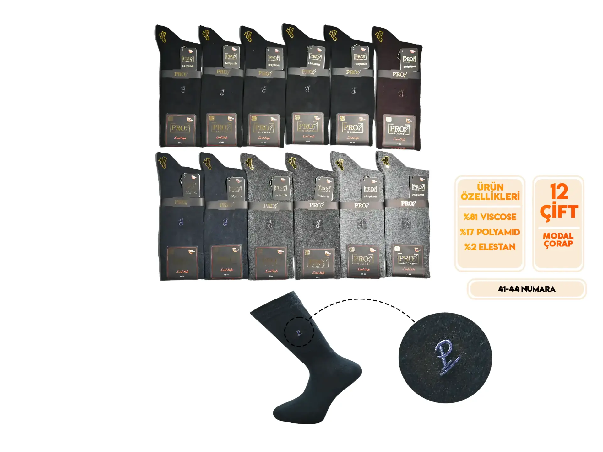 Pro 18645 (41-44) Dikişsiz Modal Erkek Çorap 12'li