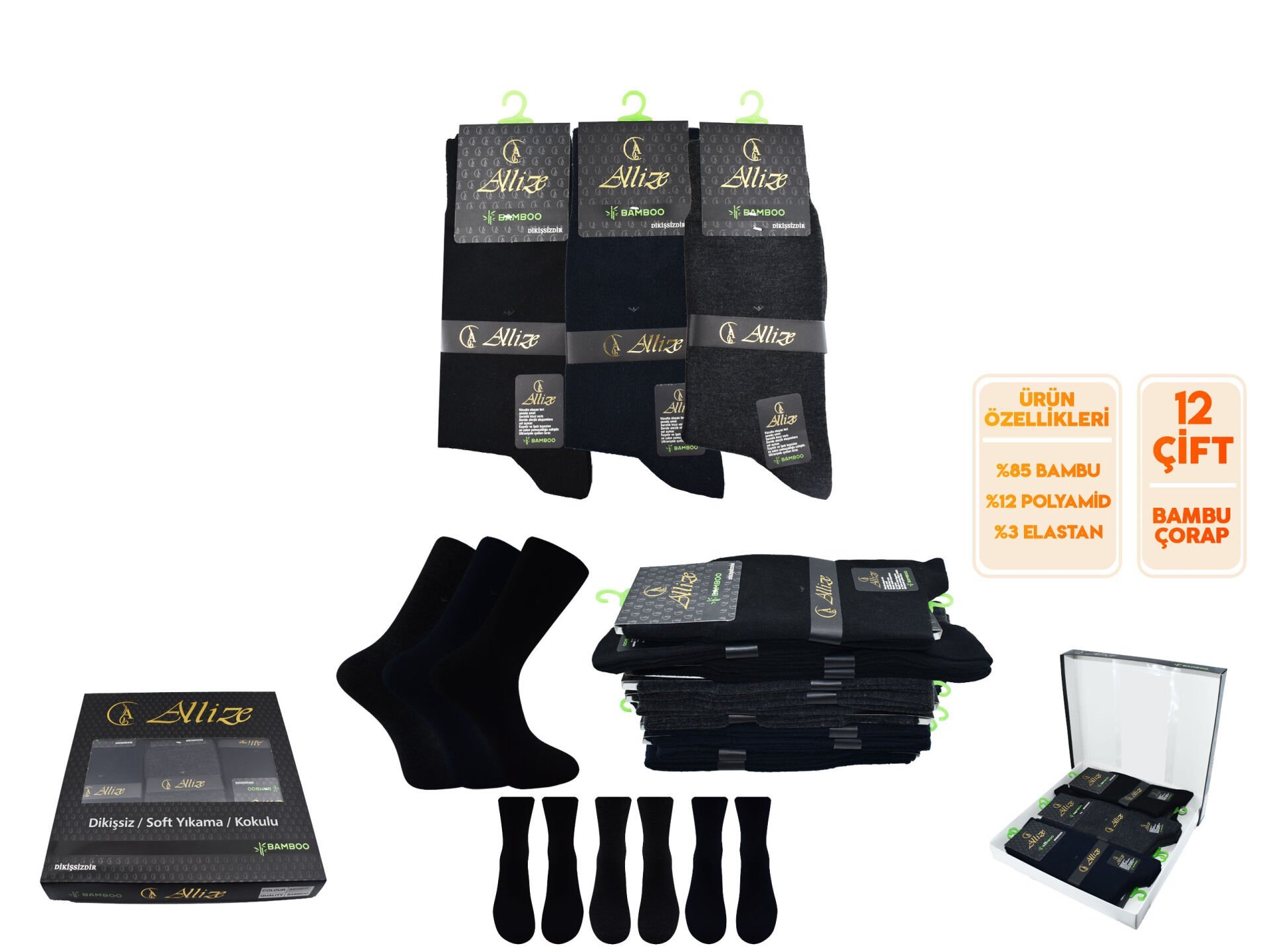 Allize 1245 Yıkamalı Dikişsiz Ter Emici Erkek Bambu Çorap 12'li