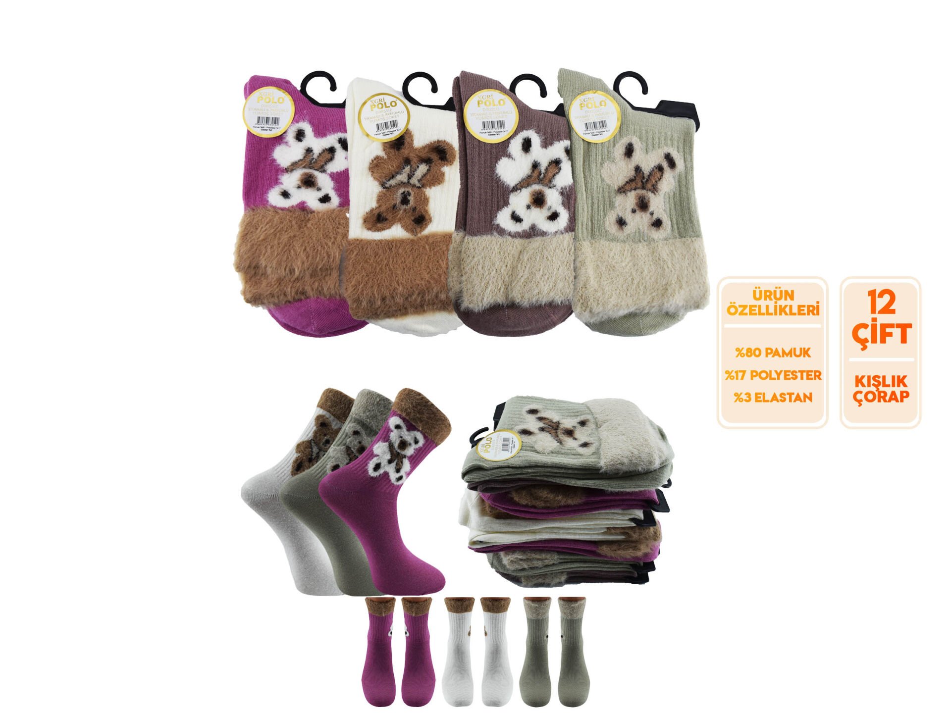 XGRİ POLO 40-1 Havlu Yumoş Peluş Yıkamalı Kışlık Bayan Soket Çorap 12'li
