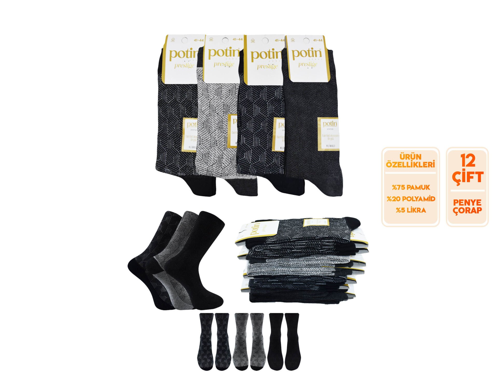 Potin 5-1 (41-44) Erkek Terletmeyen Örgü Penye Likralı Çorap 12'li