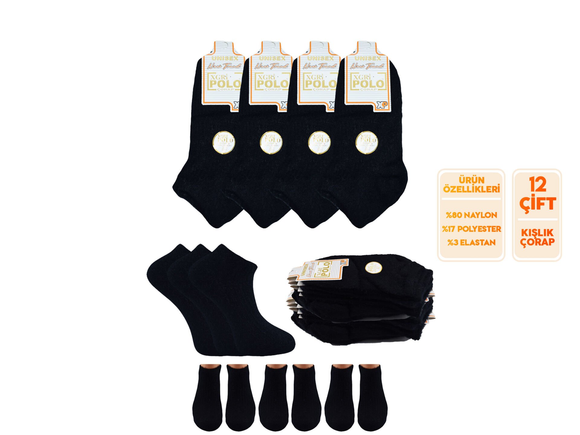 XGRİ POLO 62-3 Yün Jakarlı Yıkamalı Bayan Soket Çorap 12'li
