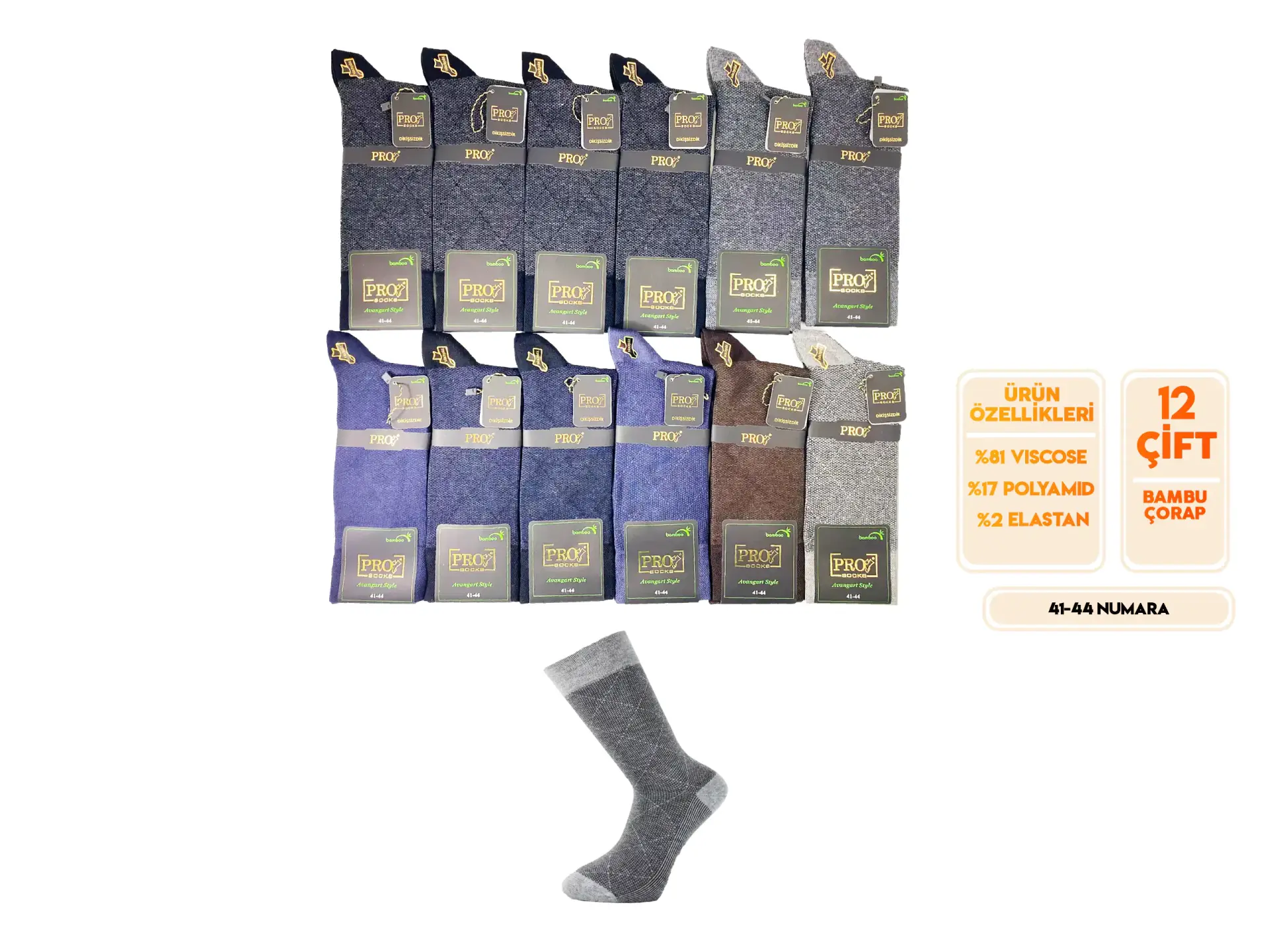 Pro 17637 (41-44) Dikişsiz Bambu Erkek Çorap 12'li