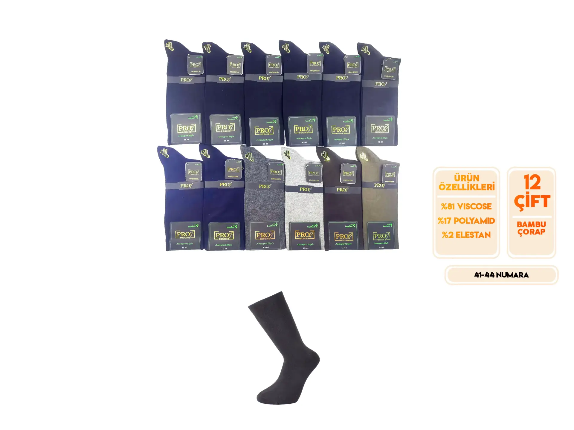 Pro 17604 (41-44) Dikişsiz Bambu Erkek Çorap 12'li