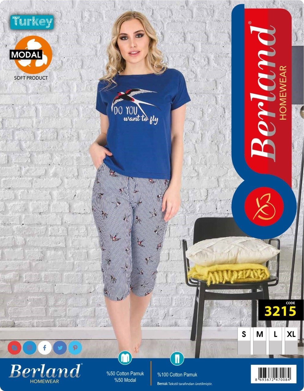 Berland 3215 Bayan Modal Kısa Kol Kapri Pijama Takımı
