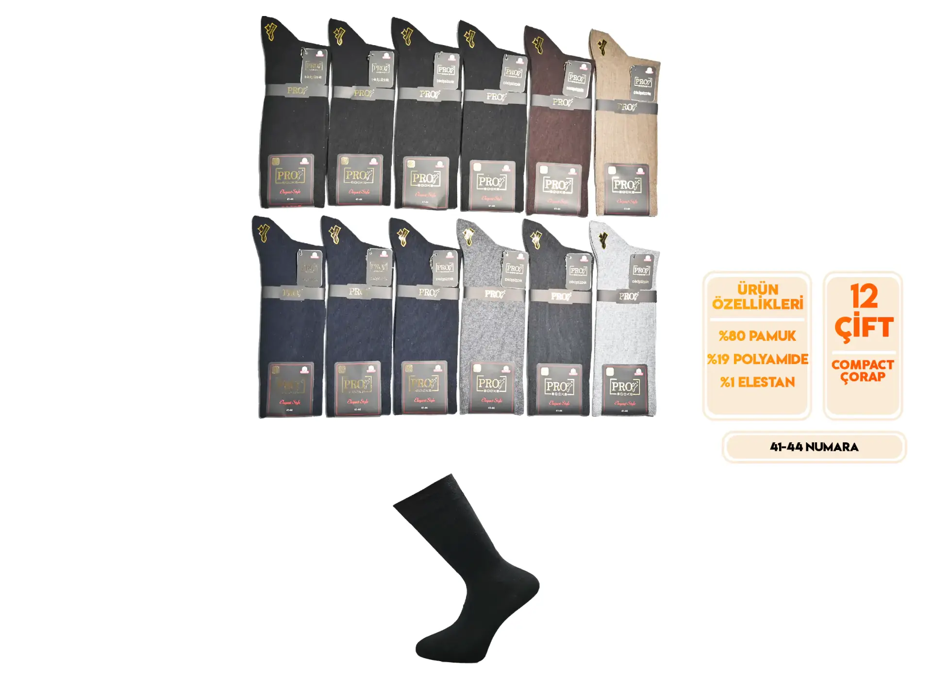 Pro 16602 (41-44) Dikişsiz Compact Erkek Çorap 12'li