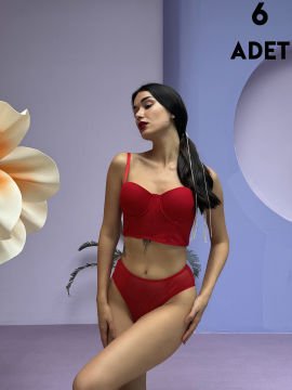 Cansoy 687 Kırmızı Baskılı Simli Balenli Destekli Bustiyer Sütyen Takım 6'lı
