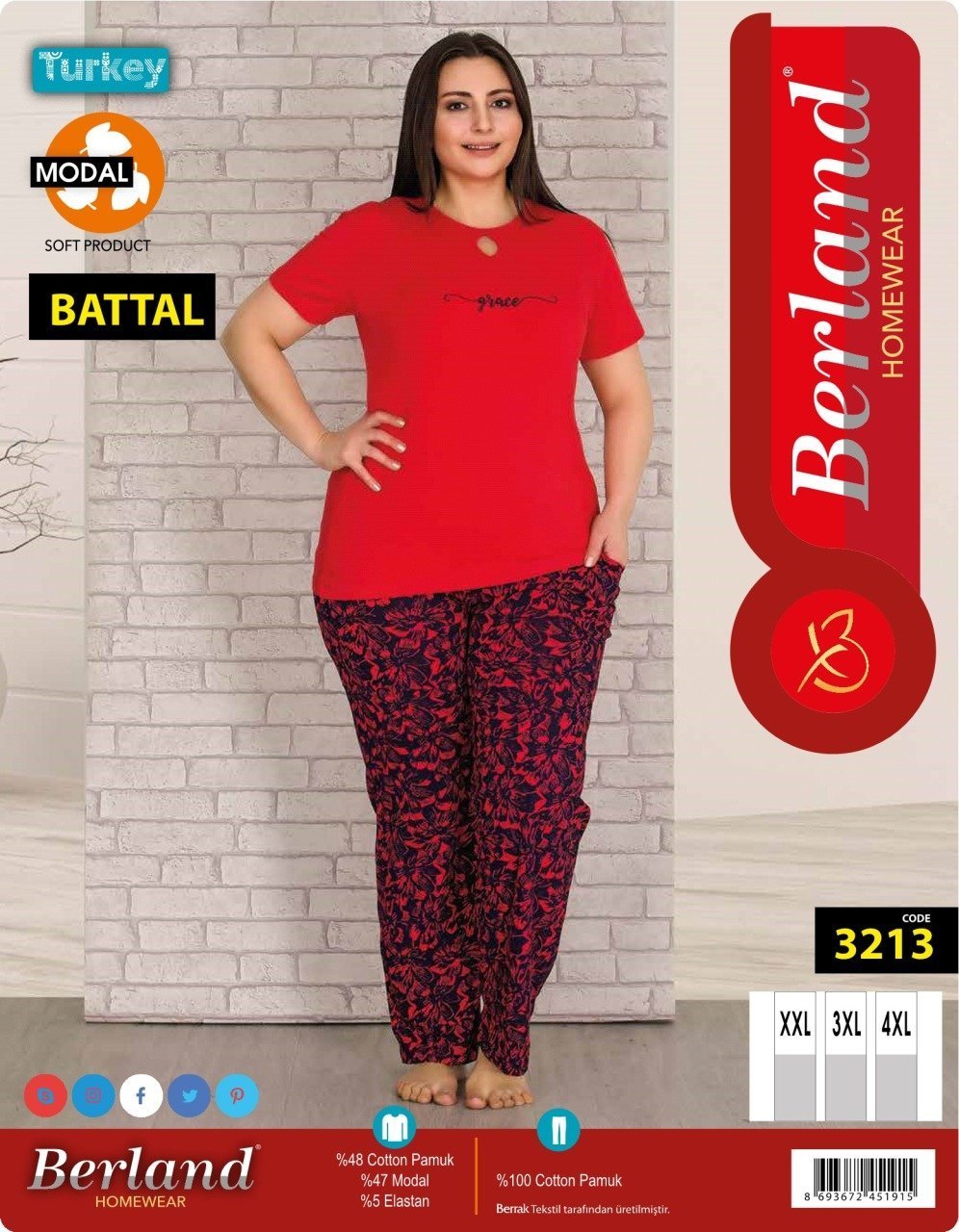 Berland 3213 Bayan Modal Kısa Kol Battal Pijama Takımı