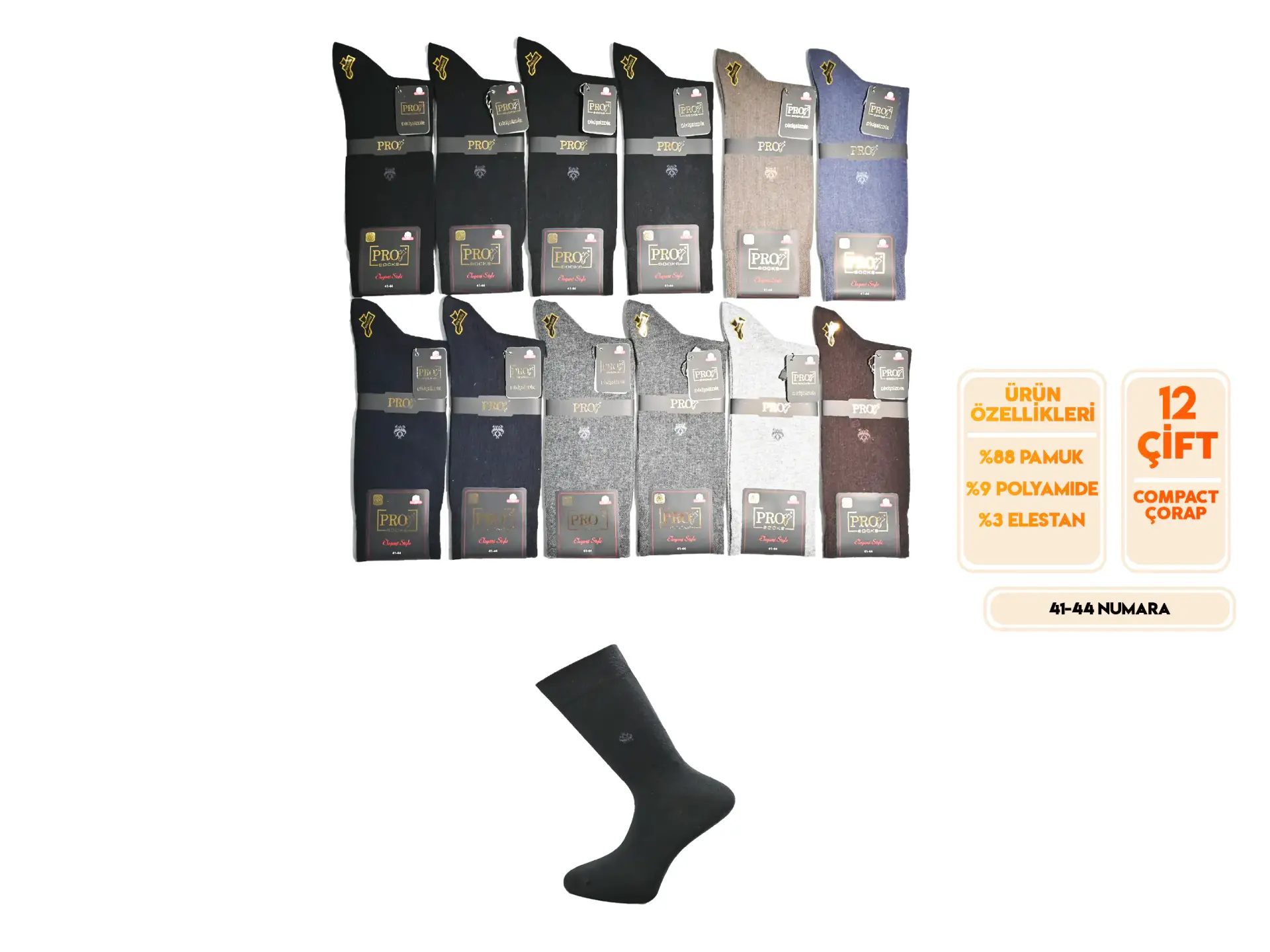 Pro 16668 (41-44) Dikişsiz Compact Erkek Çorap 12'li