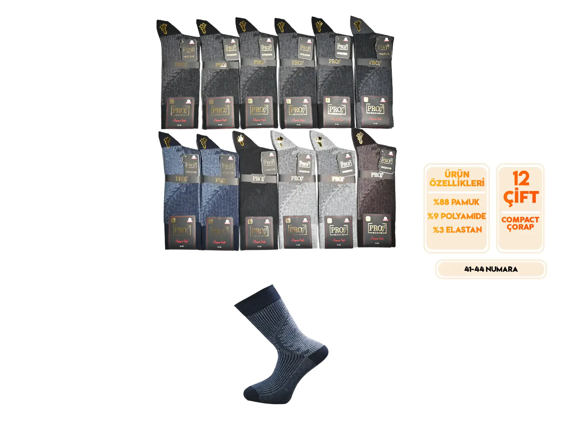 Pro 16664 (41-44) Dikişsiz Compact Erkek Çorap 12'li