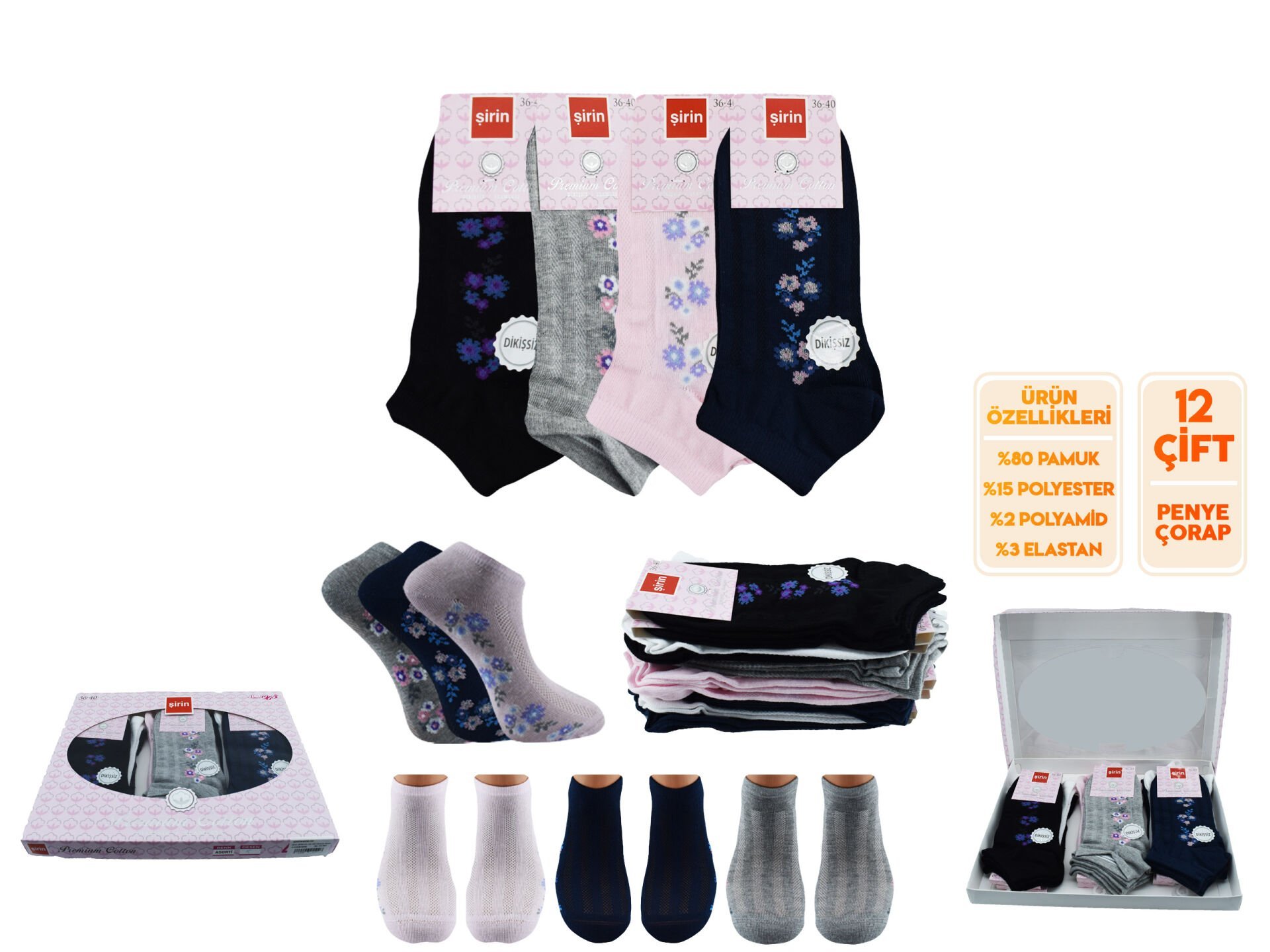 Şirin 4030-52 (36-40) Dikişsiz Bayan Penye Patik Çorap 12'li