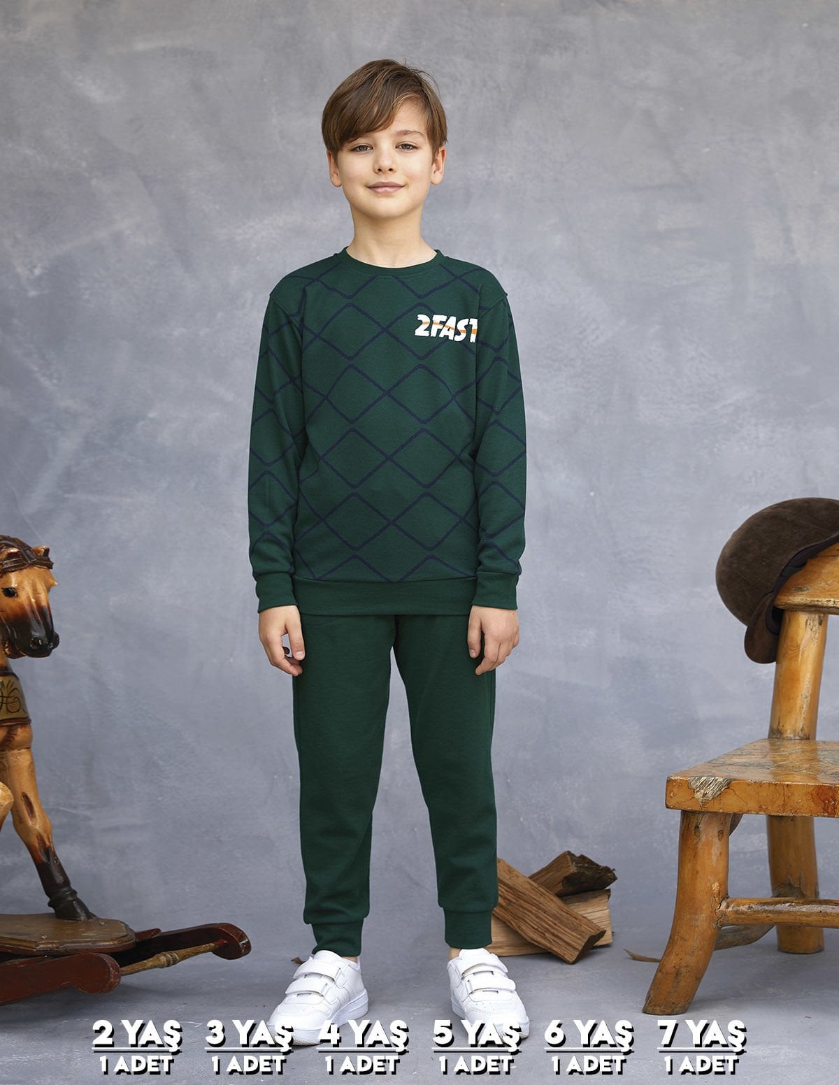 Elsima 3155 Erkek Çocuk Uzun Kollu Pijama Takımı 6'lı (2-3-4-5-6-7 Yaş) YEŞİL - SERİ-6-LI