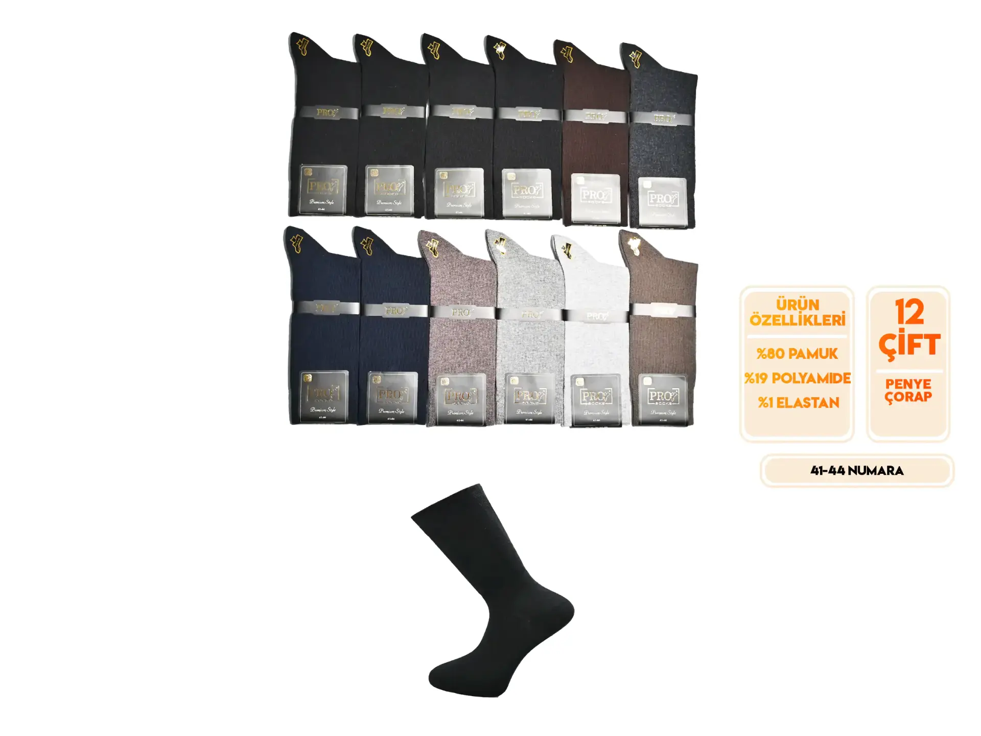 Pro 15601 (41-44) Dikişsiz Penye Erkek Çorap 12'li