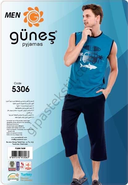Güneş 5306 Sıfır Kollu Kaprili Erkek Pijama Takımı