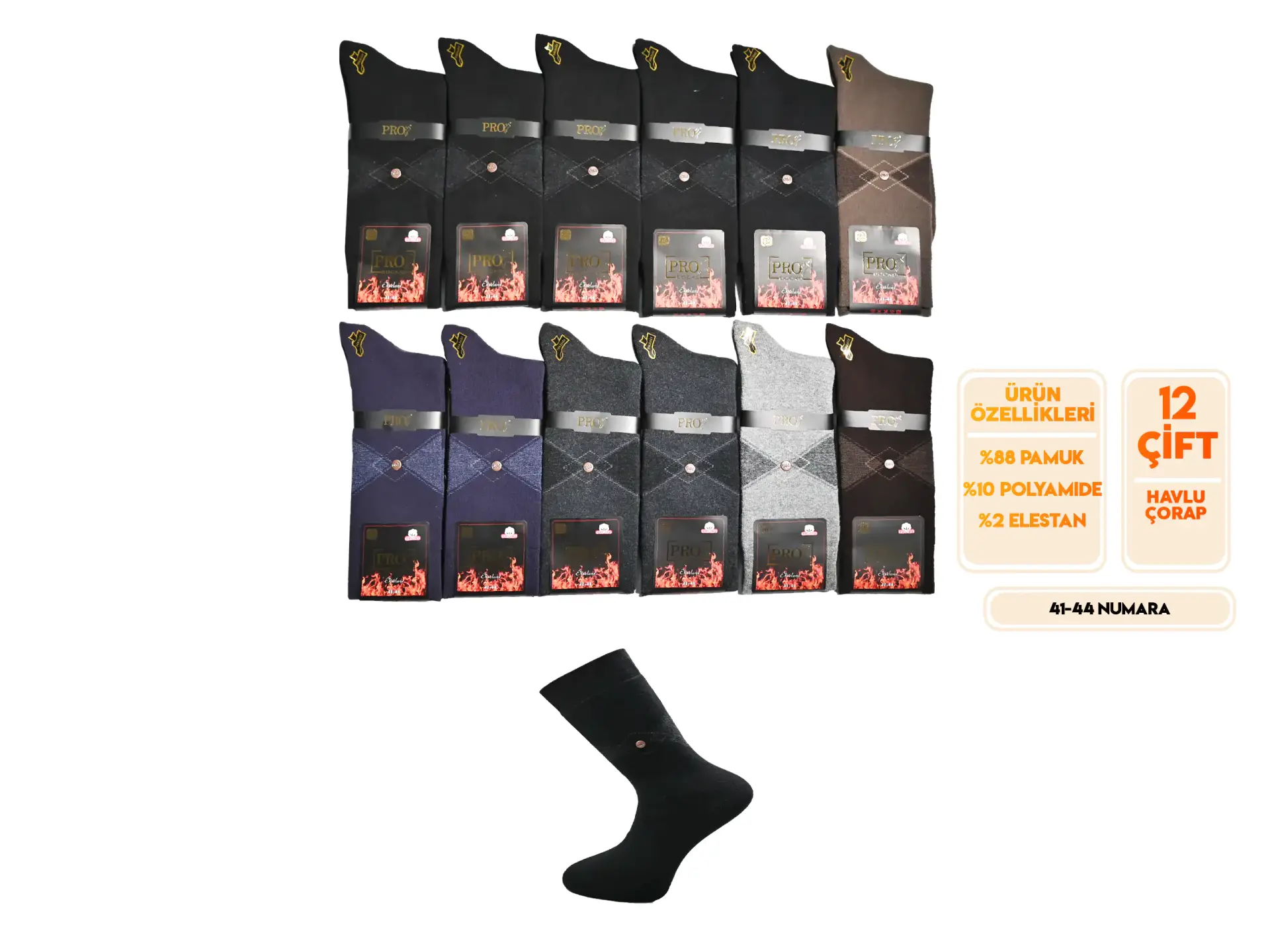 Pro 14638 (41-44) Dikişsiz Havlu Erkek Çorap 12'li