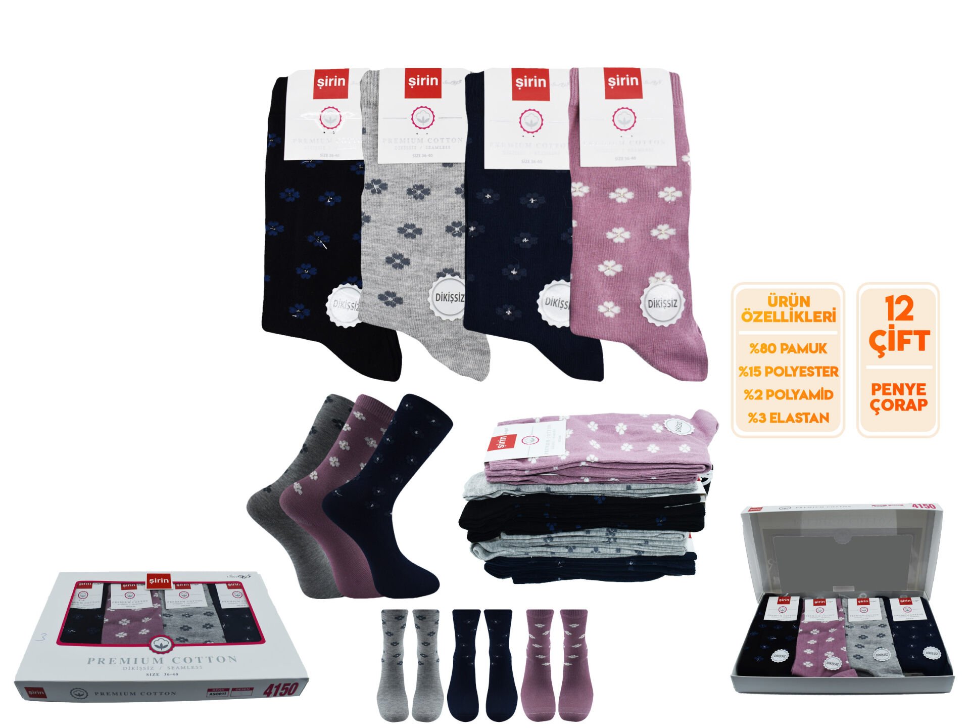 Şirin 4150-108 (36-40) Dikişsiz Bayan Penye Çorap 12'li