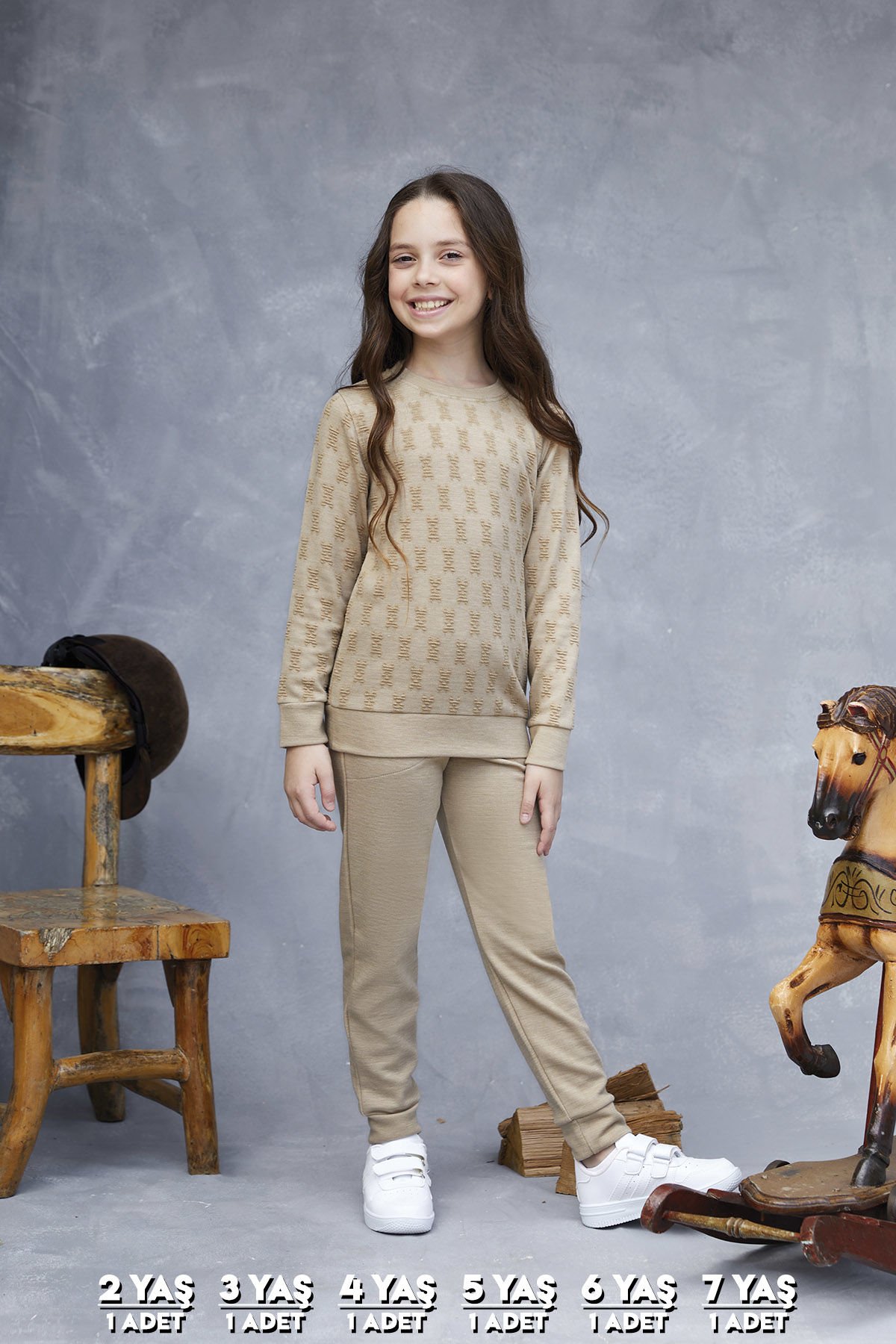 Elsima 3176 Kız Çocuk Uzun Kollu Pijama Takımı 6'lı (2-3-4-5-6-7 Yaş) BEJ - SERİ-6-LI